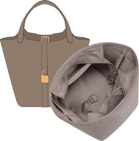 Picotin 18 Luxury Satin Purse Organizer Insert, Silky Smooth Picotin 18 Bag Insert with Multiple Pockets, Soft Touch Inner Liner for Women's Handbags, Fits Hermes Style Picotin Bags(PC18, Etoupe Grey) by Doxo