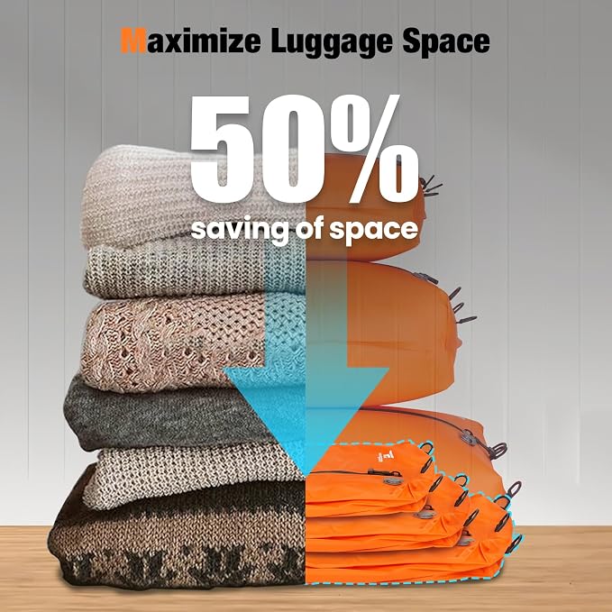 3 Pack Vacuum Bags for Travel with Pump, 3-Size Set Reusable Vacuum Compression Bags for Luggage, Space Saver IP67 Waterproof Vacuum Packing Cubes for Suitcase&Backpack, Orange - Image 3