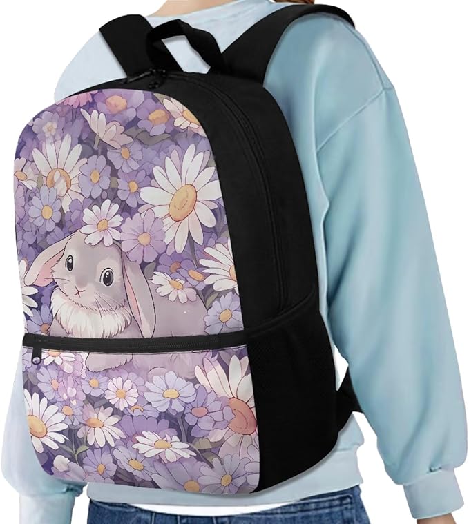 Daisy Bunny Backpack for Girls Kids Backpack with Lunch Box Water Bottle Holder with Strap and Pencil Case 4PCS Set Bookbag with Front Pocket for School Teens 17 inch Lightweight School Bag - Image 2