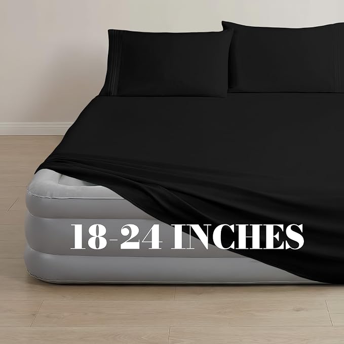 Mocassi 4-Piece Extra Deep Pocket 16-24 Inch Air Mattress Bed Sheet Set- 4PC Sheet Set with Smart Pockets Ideal for Air Beds, RVs, Camping and Guest Rooms Premium Hotel Quality, Full, Black - Image 3