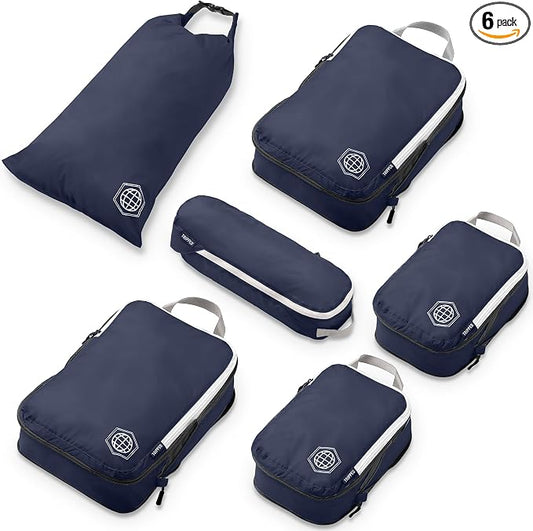 Compression Packing Cubes for Travel, 6-Piece Lightweight Packing Cubes Set for Carry-On Luggage & Backpacks – TRIPPED Travel Gear (Navy Blue and White) by TRIPPEDTravelGear