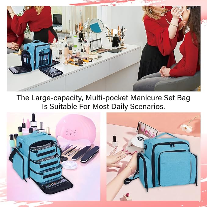 Nail Polish Organizer Case Hold 90 Bottles with 3 Detachable Bag,Green | Portable Travel Storage Box Designed for Women's Nail Tools, Essential Oils and Cosmetics Sets - Image 7