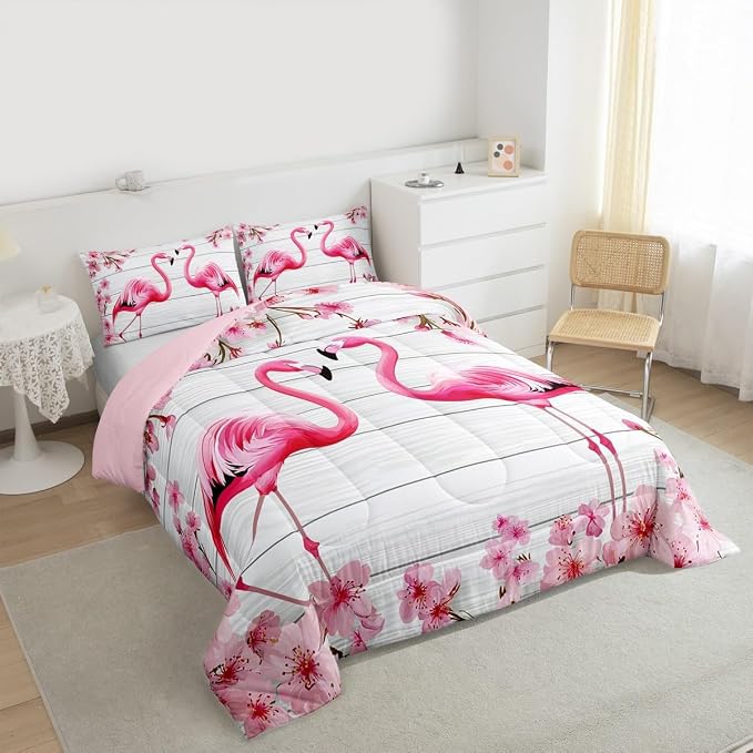 Erosebridal Flamingo Bedding Set King,Cherry Blossoms Comforter Set for Girls Boys Teens Women,Pink Tropical Bird Animal Comforter Flower Rustic Wooden Board Quilt Duvet Sets with 2 Pillow Cases - Image 6