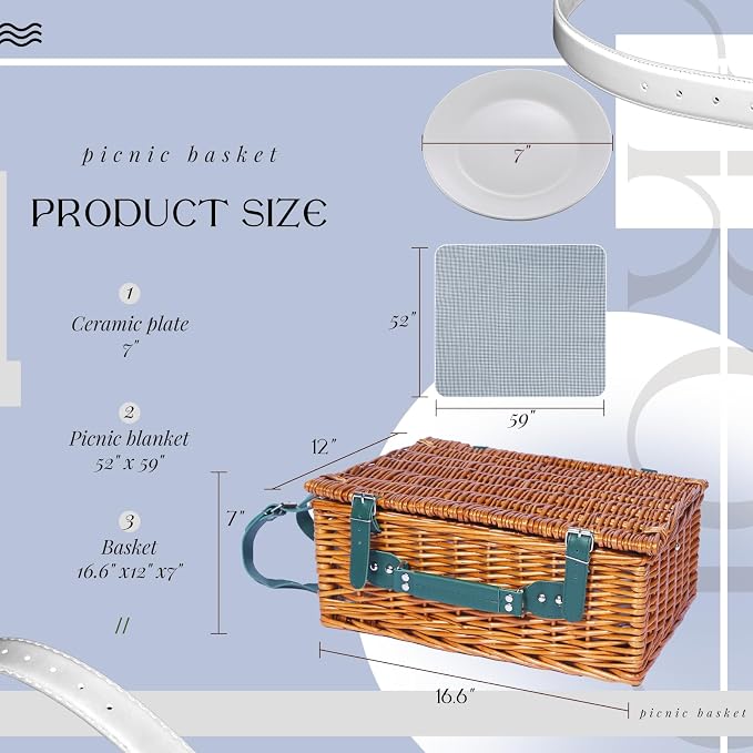 Picnic Basket Set for 4 with Waterproof Blanket Mat Insulation Bag Wicker Green Plaid Classic Cottagecore Gift for Christmas Thanksgiving Wedding Birthday Camp Outdoor Beach Travel - Image 3