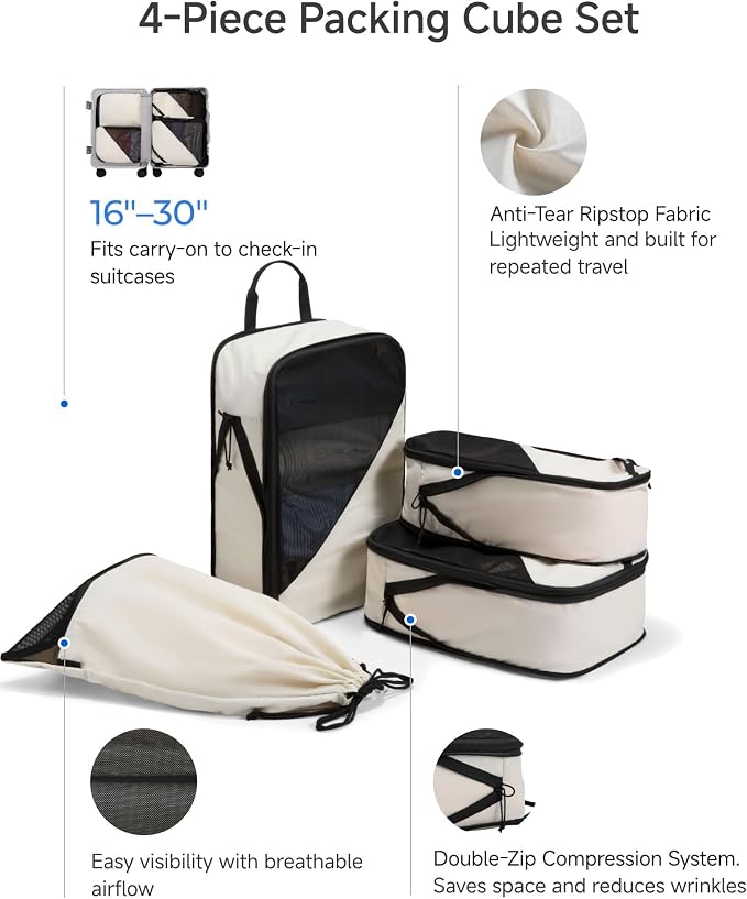 LUGGEX Compression Packing Cubes for Travel, 4 Set Lightweight Luggage Organizer Bags with Shoe Bag, Space Saving Suitcase Packing Cubes for Carry-On with Breathable Mesh, Double-Zipper (POX01, Beige) - Image 6