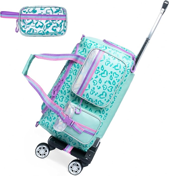 Kids Rolling Duffle Bag with Wheels for Girls - Travel Overnight Bag with Makeup and Toiletry Bag - Dance Bag for Women by ComewithOruiji