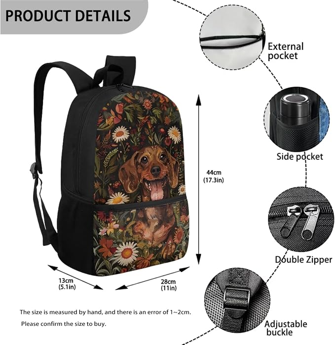 Dachshund Dog Retro Flower Print Backpack Set Boys Girls 17 Inch Travel Laptop Backpacks Large Capacity Schoolbag Lunch Box Pencil Case Lightweight Rucksack Casual Daypack - Image 2