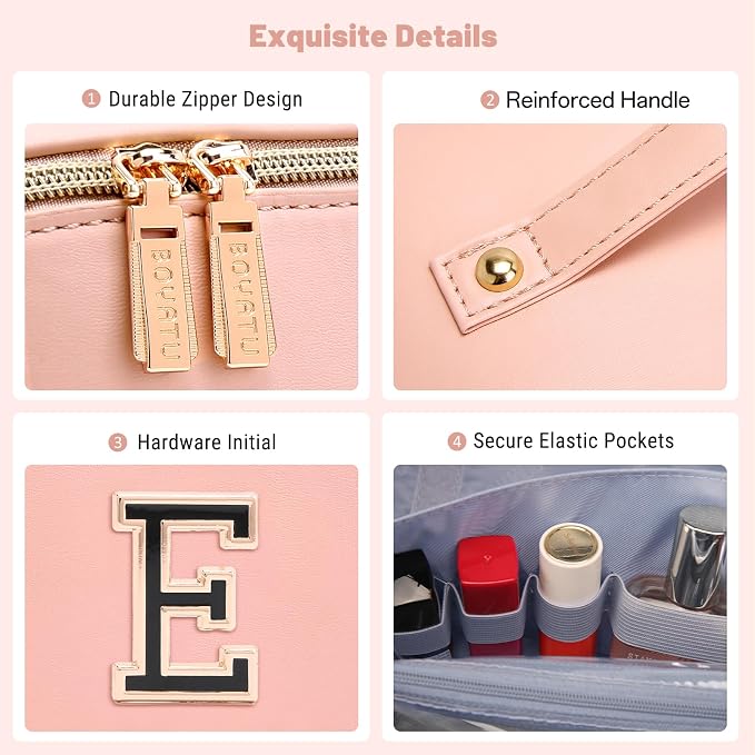 BOYATU Makeup Bag Gift for Women: 3-in-1 Travel Personalized Cosmetic Bag | Initial Make up Bag - Monogram A-Z - Vegan Leather Flat Open Toiletry Organizer - Ideal Gift Set for Birthday Graduation - Image 7