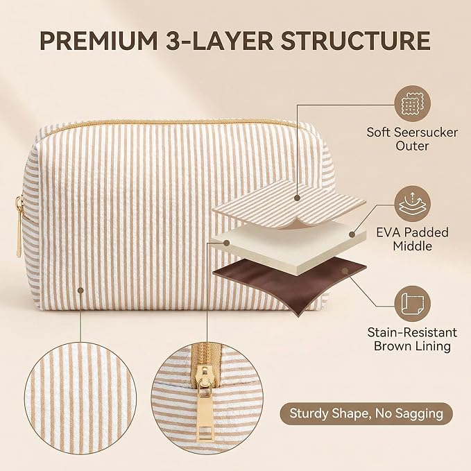24 PACK Makeup Bags-Bulk Seersucker Cosmetic Bag for Women Bridesmaid Gifts Makeup Pouch for Wedding Party Favors Bachelorette Party Decorations Travel Toiletry Organizer Graduation Gifts(24, Khaki) - Image 2