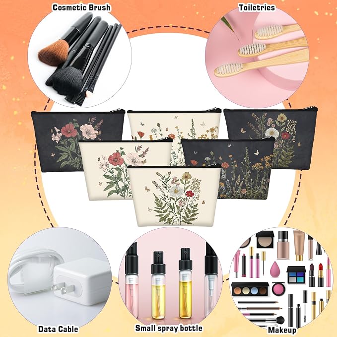 Sweetude 12 Pcs Black Flower Makeup Bags Bulk Portable Wildflower Travel Cosmetic Bags with Zipper Floral Waterproof Roomy Travel Toiletry Organizer Storage Beauty Pouch for Women Wedding Gifts - Image 3