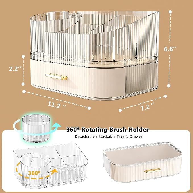 Makeup Organizer Countertop with 360 Rotating Brush Holder, Make Up Organizers For Vanity With Drawer, Bathroom Countertop Skincare Organizer And Storage - Image 3