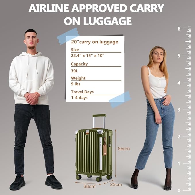 Joyway 20in Carry On Luggage with Cup Holder and USB Port, 25% Expandable Capacity, Smart Suitcase with Anti Slip Wheels and Handbag, Perfect for Men and Women 3 Piece Set DarkGreen - Image 6