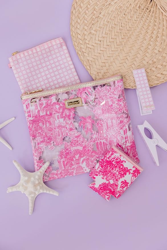 Lilly Pulitzer Water Resistant Vinyl Beach Day Pouch, Zipper Bag Includes Drink Hugger, Small Pouch, and Towel Clips - Image 2