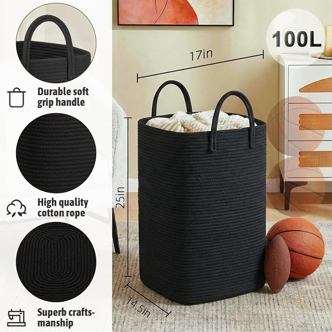 Artfeel Laundry Basket,Woven Cotton Rope Laundry Hamper,100L Versatile Storage for Dirty Clothes,Baby Toys,and Blankets in Bathroom, Nursery,and Living Room - Image 2