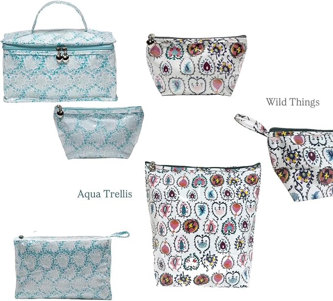Jacaranda Living Extra Small Cosmetic Bag - Water-Resistant, PVC-Lined - Aqua Trellis - Image 4