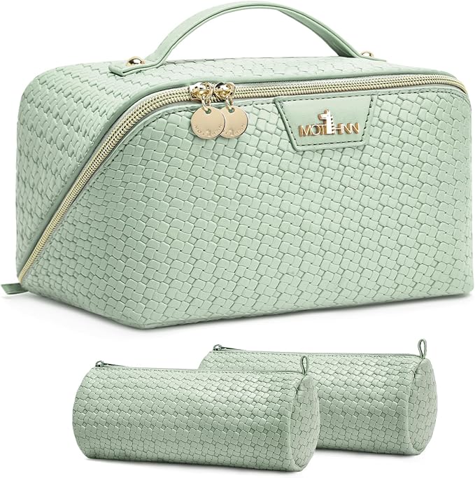 Travel Makeup Bag for Women: Designer 3 Pcs Set Cosmetic Bags for Women - Large Capacity Vagen Leather Hand-made for Toiletry Organizer - Ladies Travel Flat Open Essentials for Luxury (08Green) by Unknown