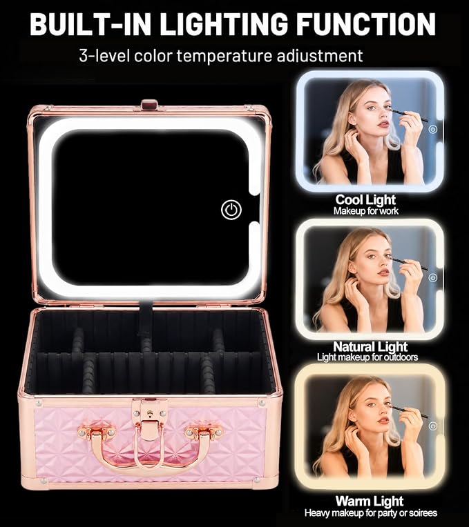 Makeup Case with LED Mirror, Portable Lockable Vanity Case, Travel Makeup Train Box for Women, Cosmetic Organizer, Detachable 3-Color Lighted Mirror, Adjustable Dividers, Brush Holder - Image 3