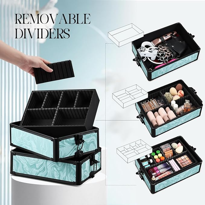 Yueieoun Rolling Makeup Case, 4 in 1 Makeup Case on Wheels, Professional Makeup Trolley, Cosmetic Train Case Makeup Cart Travel Trolley with Key for MUA, Hairstylists, Nail Tech, Turquoise Vitality - Image 3