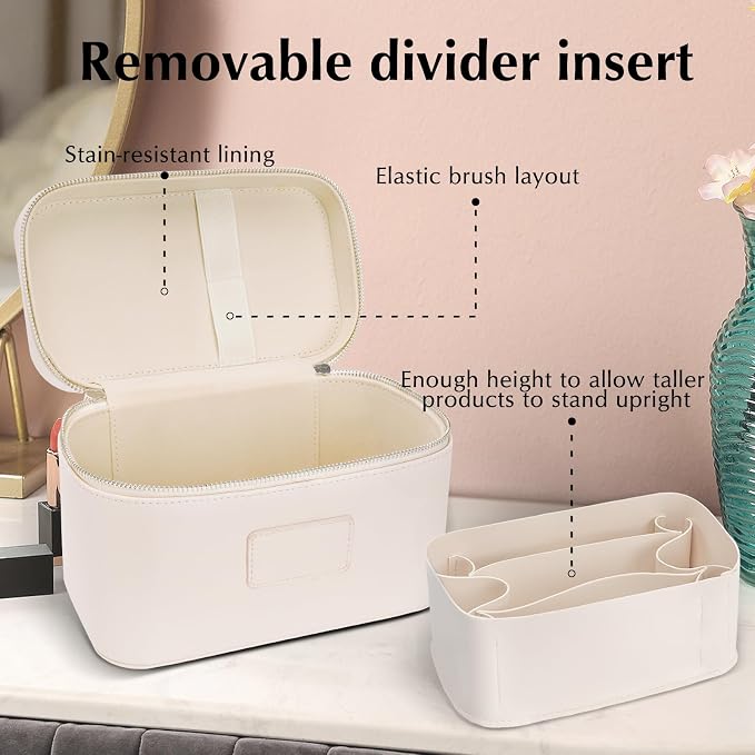 Makeup Case for Women, Leather Makeup Bag Cosmetic Case with Removable Divider, Large Capacity Waterproof Portable Travel Toiletry Make up Organizer Case - Image 3