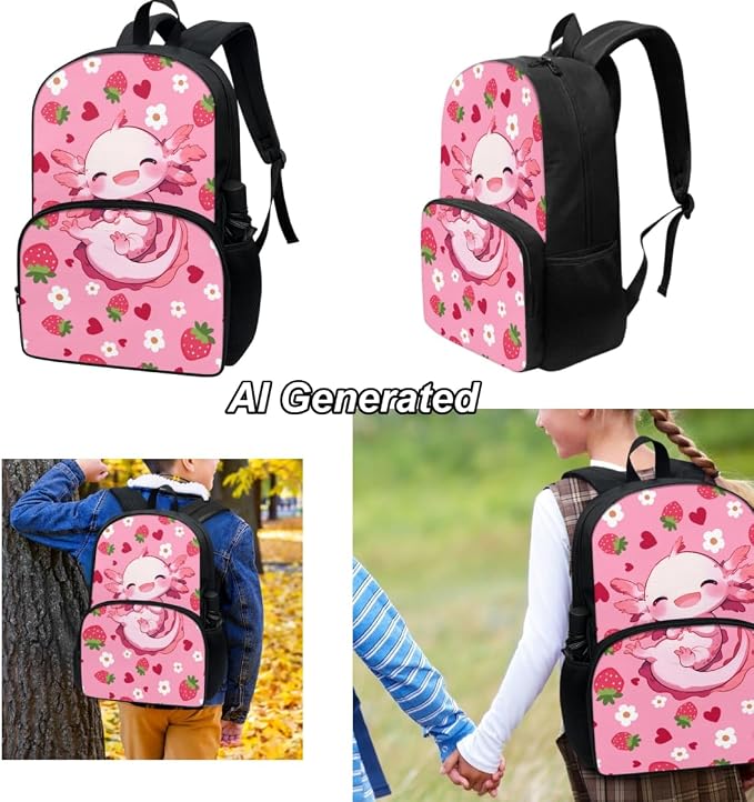 Axolotl Backpack for Girls 17Inch School Bag Set | Girls Schoolbag Strawberry Backpack Set with Lunch Box and Pencil Pouch 17 Inch Laptop Bag Casual Daypack, 3Pcs - Image 3
