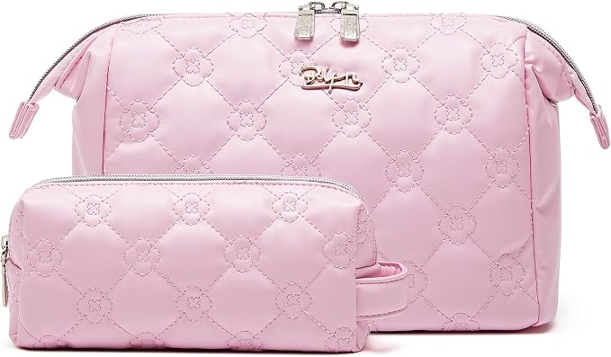 BOYATU Travel Makeup Bag Cosmetic Pouch: 2 Pcs Set Waterproof Vegan Leather Cosmetic Bags for Women - Cute Quilted Skincare Make up Toiletry Bag for Girl (01-Pink) by BOYATU