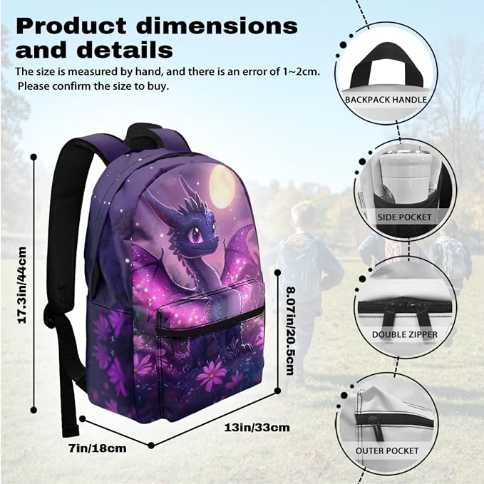 4Pcs Girls Backpack and Lunch Box Set, Moonlight Dragon Girls Backpacks Ages 8-10 6-8, Purple 17 Inch School Backpack with Pencil Pouch & Bottle Sleeve, Lightweight Kids Bookbag Set - Image 3