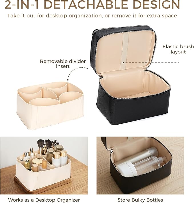 BAGOK Double Layer Makeup Vanity Case, Large Capacity Cosmetic Bag with Removable Divider & Brush Organizer, Travel Toiletry Bag for Women, Portable PU Leather Organizer with Handle - Image 3