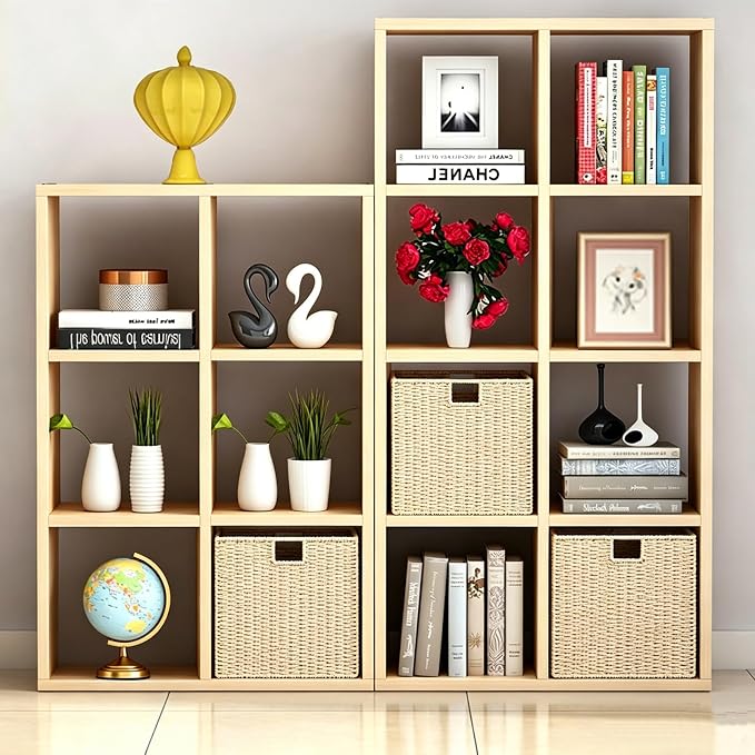 Vagusicc Wicker Storage Basket, Set of 2 Hand-Woven Storage Baskets for Shelves with Handles, Foldable Cube Storage Baskets Bins Organizer, 9 inch Wicker Baskets for Pantry Bedroom Decor, Beige - Image 4