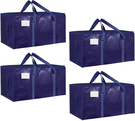 4 Pack-Extra Large Heavy Duty Moving Bags - Waterproof Storage Totes with Handles & Zippers, Foldable for College Dorm, Storage (Dark Blue) by Unknown