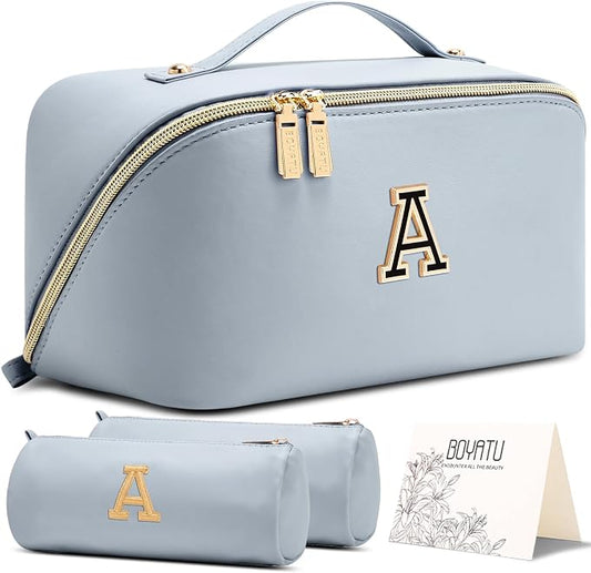 BOYATU Makeup Bag Gift for Women: 3-in-1 Travel Personalized Cosmetic Bag | Initial Make up Bag - Monogram A-Z - Vegan Leather Flat Open Toiletry Organizer - Ideal Gift Set for Birthday Graduation by BOYATU