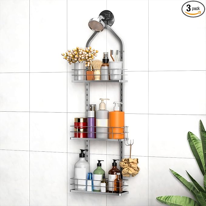 Shower Caddy Hanging (Silver), Adjustable Anti-Swing-Over The Shower Head Caddy, 3 Tier Height Bathroom Storage Organizer Bathroom Shelves Basket Rack Shower Caddies (3Tier) by Aquohola