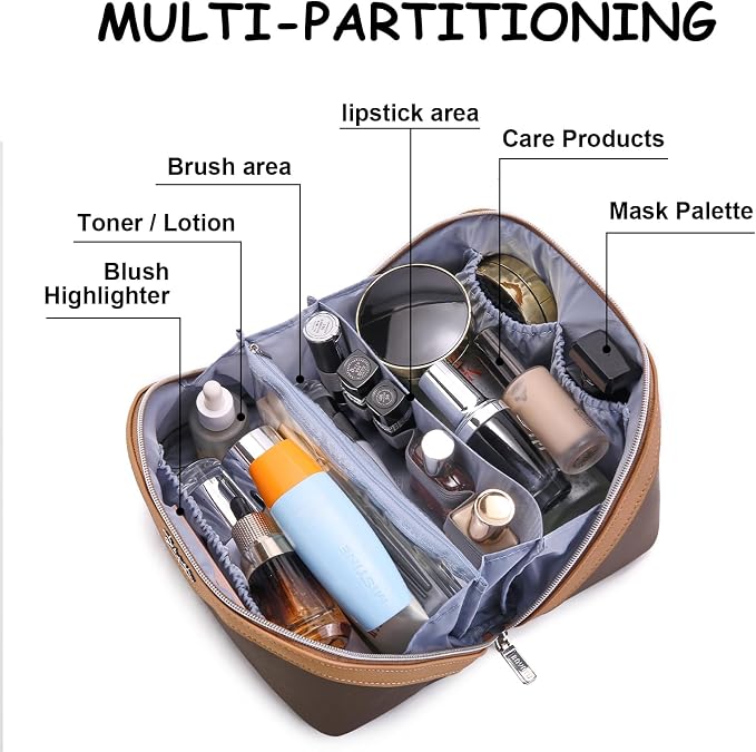 BOYATU Travel Makeup Bag Organizer Cosmetic Bag: 3 Pcs Set Make up Bags for Women with Handle - Waterproof Vegan Leather Toiletry Bags Travel Essentials Pouch with Compartments (A-03-Brown) - Image 3