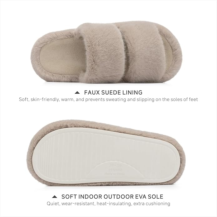 Chantomoo Women's Memory Foam Fuzzy Comfy Faux Fur House Shoes - Furry Bedroom Indoor Open Toe Slippers with Two Bands - Trendy Gift Slippers