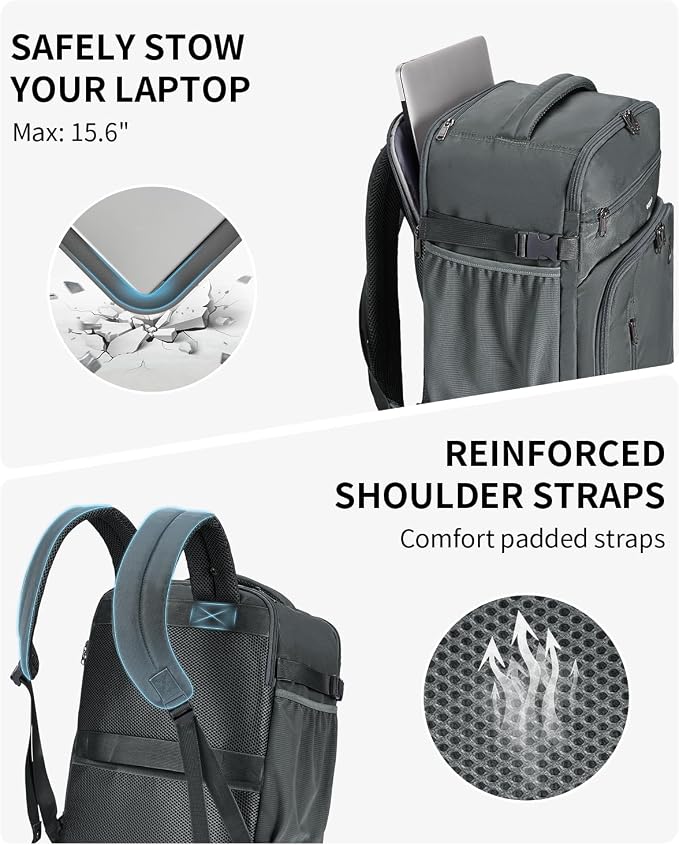 ECOHUB Travel Backpack for Men, 18x14x8 Frontier Airlines Personal Item Bag with Clear Toiletry Bag, Laptop Carry on Backpack with USB Port, Airline Approved Under Seat 14 Pockets 30L, Grey - Image 7