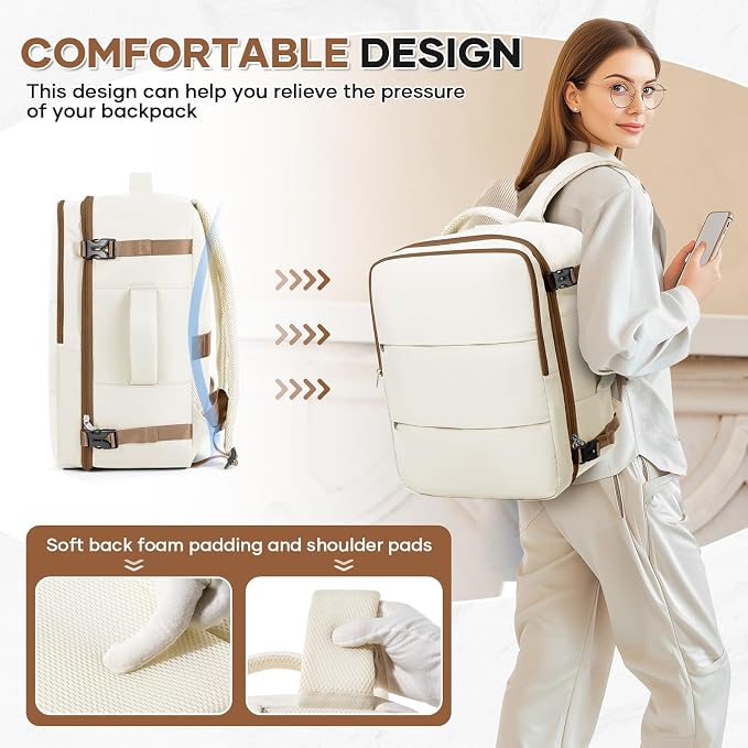 Travel Backpack For Women Men Carry on Backpack Luggage Flight Approved Personal item Travel Bag Essentials Mochila de viaje Laptop College Backpack Large Beige Brown - Image 7