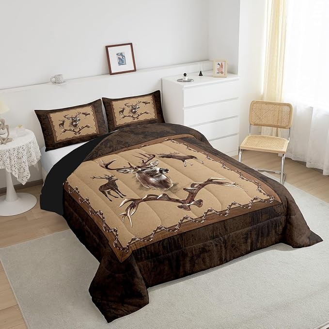 Erosebridal Farmhouse Deer Comforter Sets for Kids Boys Girls Southwestern Bedding Set Twin Size Rustic Hunting Animal Quilt Moose Deer Down Comforter with 1 Pillow Sham Bedroom Decor - Image 5