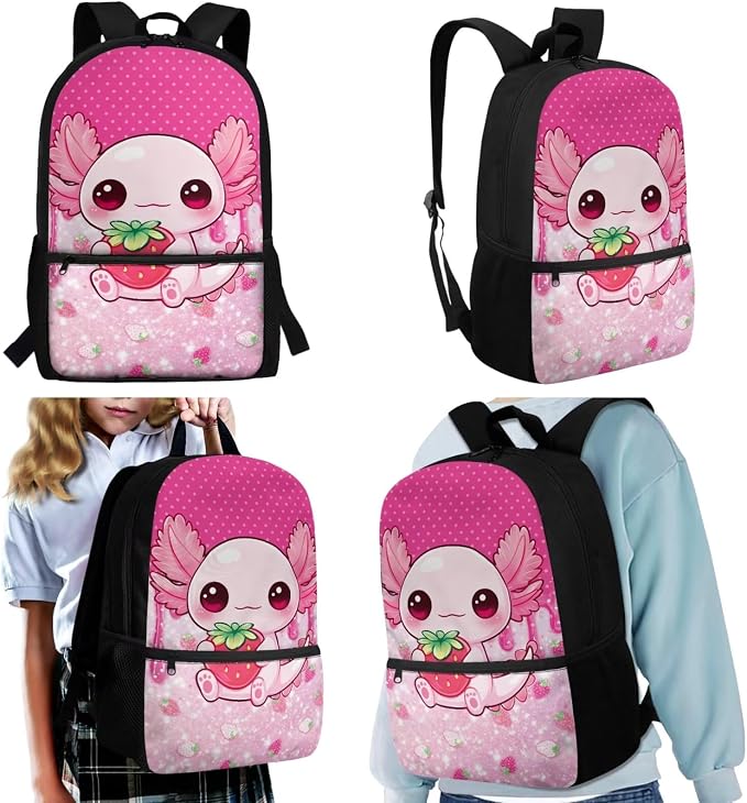 Strawberry Axolotl Kids 4-in-1 Backpack Set, Complete School Essentials – 17'' Bookbag + Insulated Lunch Box + Pencil Case, Lightweight Cute School Bag for Girls Age 6-12, Polka Dot - Image 2