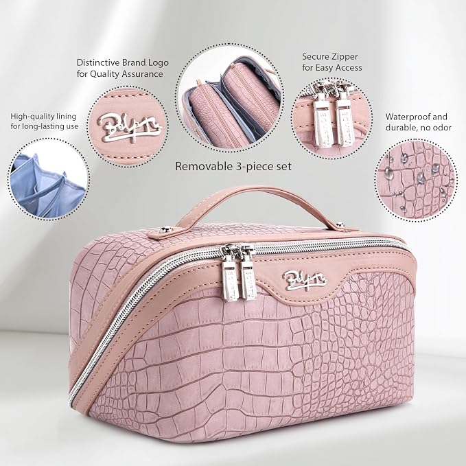 BOYATU Travel Makeup Bag Cosmetic Bags for Women: 3 Pcs Set Large Capacity Make up Bag with Handle - Crocodile Pattern Vegan Leather Toiletry Bags Travel Essentials with Compartments((E-4-Pink) - Image 2