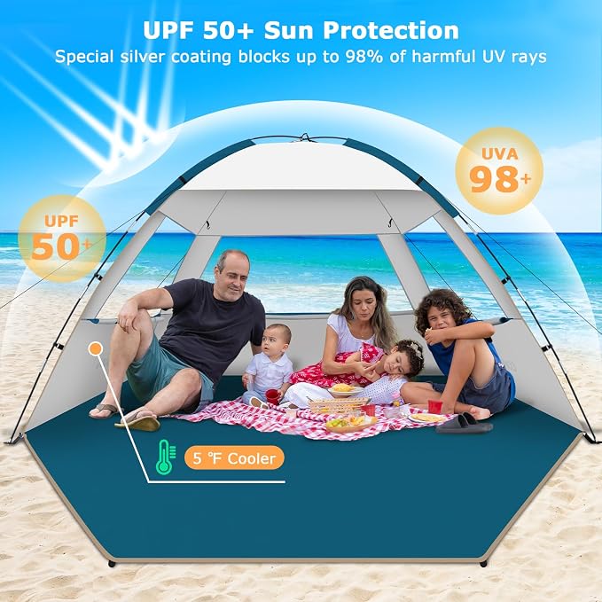 COMMOUDS Beach Tent Sun Shelter for 3/4/6/8 Person, UPF 50+ UV Protection Beach Shade Canopy Tent, Lightweight, Easy Set Up and Carry - Image 3