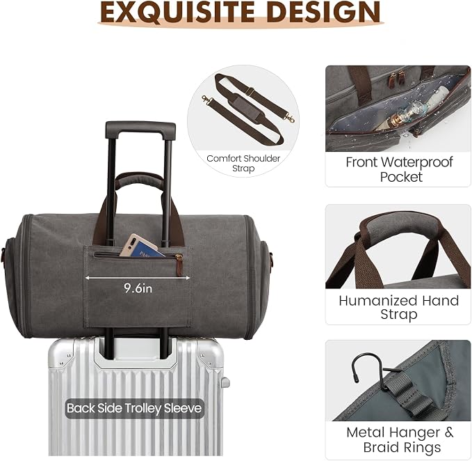 Garment Bag for Travel, S-ZONE Duffle Bag for Men Travel Convertible Suit Bags Carry on Luggage Women Hanging Suitcase Travel Bag with Toiletry Bag | Soft Canvas, Black, Carry-on size, with Toiletry Bag, Adjustable Shoulder Strap, Trolley Sleeve, Shoe ... - Image 4
