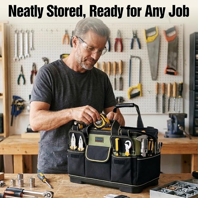 Tool Bag, Ounic 16 Inch BigTool Tote Bag Heavy Duty With Waterproof Molded Base, Wide Mouth Tool Box Organizer with Adjustable Shoulder Strap for Electrician Mechanic Craftsman Plumbers(Green) - Image 8