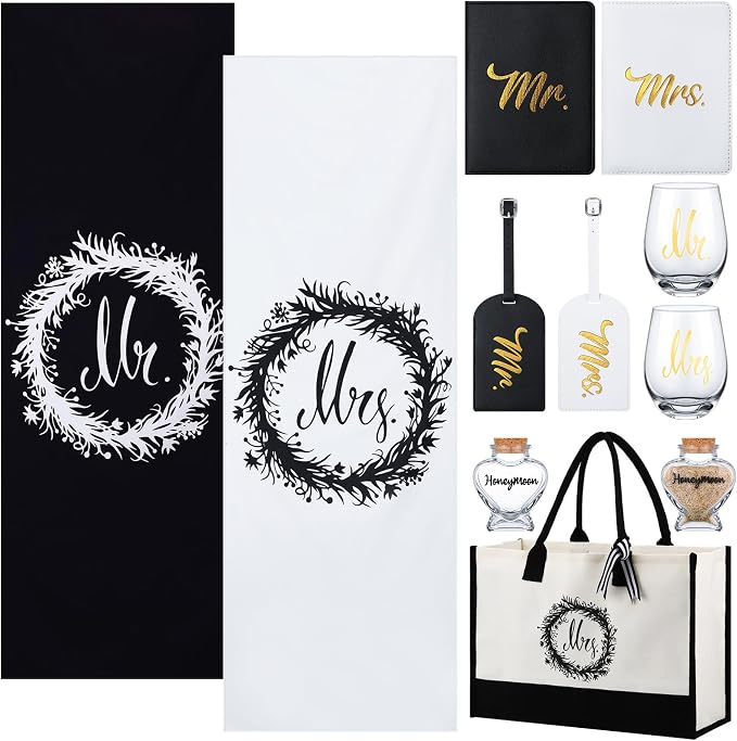 Silkfly 11 Pcs Wedding Gifts for Couples 2026, Mr and Mrs Gifts Include Honeymoon Beach Towel Luggage Tag Passport Holder Wine Glass Keepsake Jar Tote Bag for Newlyweds Engagemen by Silkfly