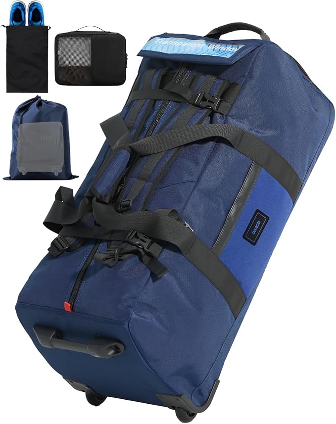 Foldable 90L Rolling Duffle Bag with Wheels | Large Travel Duffle Backpack with Shoes Compartment Waterproof Bag for Women, Men, Hospital, Weekend & Overnight Trips, Moving | Includes 3 Packing Cubes by baaob