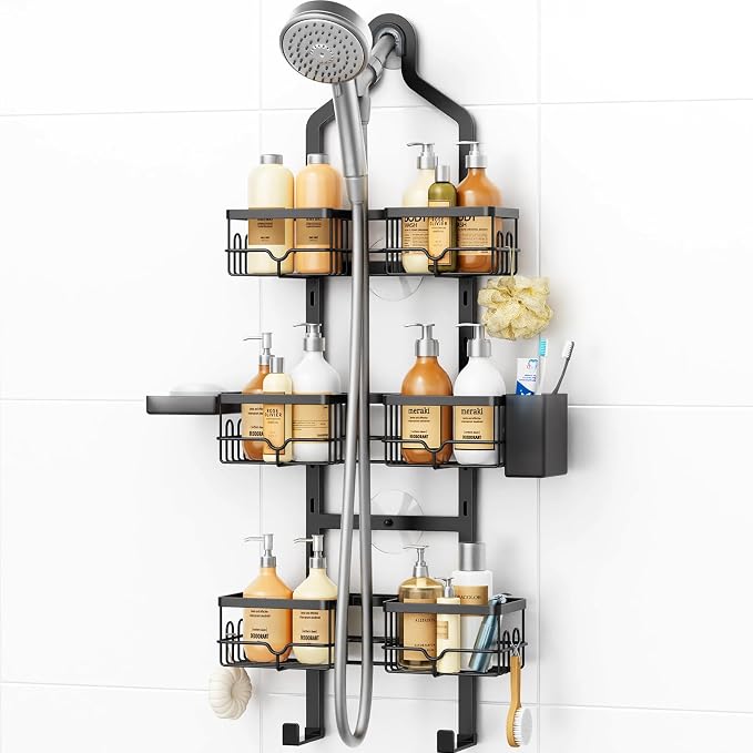 Vatex Shower Caddy Hanging Organizer, 3 Tier Adjustable Bathroom Shelves, Rustproof Over The Showerhead/Door Hanging Shelf for Inside Shower - No Drilling Shower Rack Bath Storage With Soap Holder by Vatex