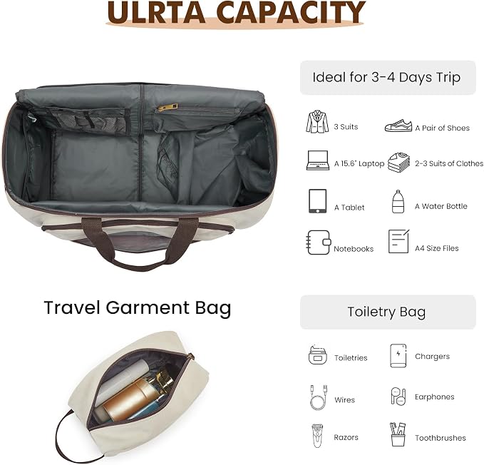 S-ZONE Garment Bag for Travel Convertible Duffle Bag Suit Bag for Men Women | 2-in-1 Hanging Suitcase, with Toiletry Bag, Wet/Dry Pockets, Shoe Compartment, Trolley Sleeve, Carry-on size, Beige - Image 7