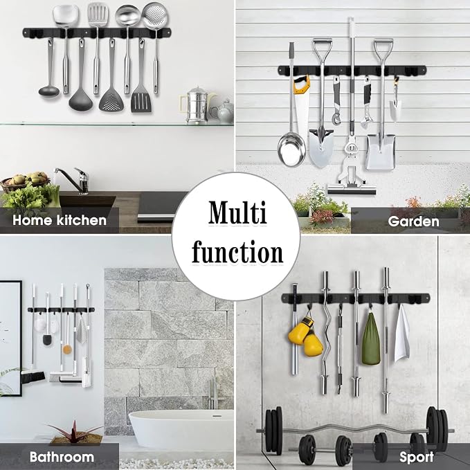 AceMining 2 Pack Black 5 Racks and 4 Hooks Mop and Broom Holder Wall Mount, Broom Organizer Storage Tool Racks Stainless Steel Heavy Duty Hooks Self Adhesive Solid Non-slip for Home Kitchen Garden - Image 7