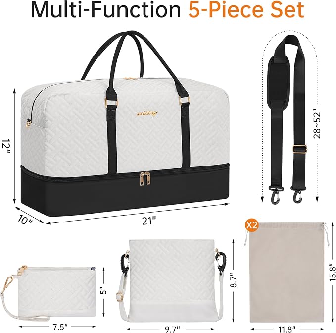 Weekender Bag for Women, 5 Pcs Set Carry on Overnight Bag, 21" Travel Duffel Bag with Waterproof Shoe Compartment for Weekend Travel Business Trip - Image 2