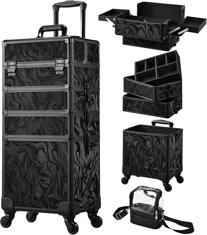 Stagiant Rolling Makeup Case 4 in 1 Cosmetology Case on Wheels Makeup Travel Case with Cosmetic Bag Key Swivel Wheels Salon Barber Case Traveling Cart Trunk Cosmetic Trolley Alpine Black by Stagiant