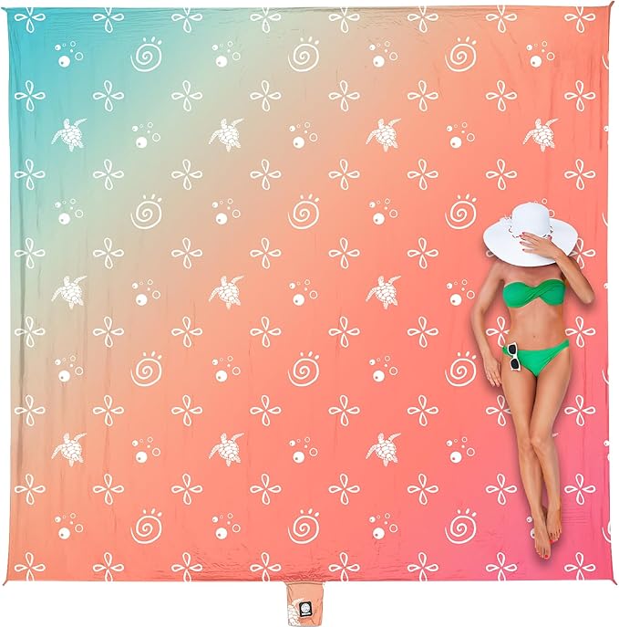 WEKAPO Beach Blanket Waterproof Sandproof Oversized Extra Large Sand Free Beach Mat with Stakes, Storage Bag - Essentials for Outdoor Beach, Picnic(Gradient Coral Sea Turtle, 8 X 7 FT (1~4 Person)) by Wekapo
