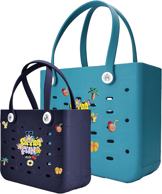 2-Pack Beach Bags Medium & Small,Waterproof Sandproof Rubber Tote Set for Women Men, Vacation Pool Boat Essentials by Unknown